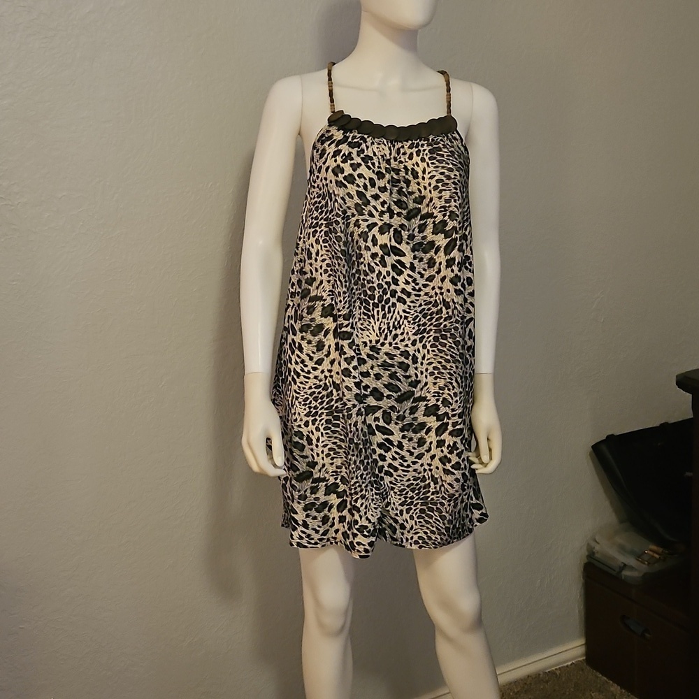 Vtg UMGEE Leopard Print Beaded Bubble Hem Festival Mini Slip Dress - Picture 2 of 12